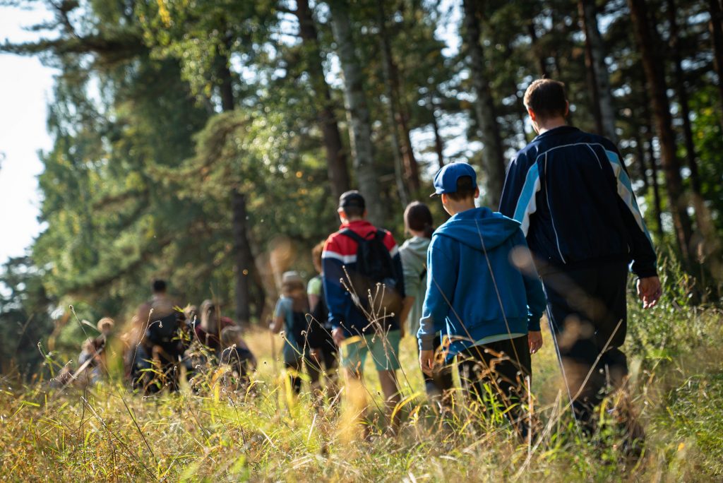Vairāki jaunieši ar mugursomām iet pārgājienā pa mežu