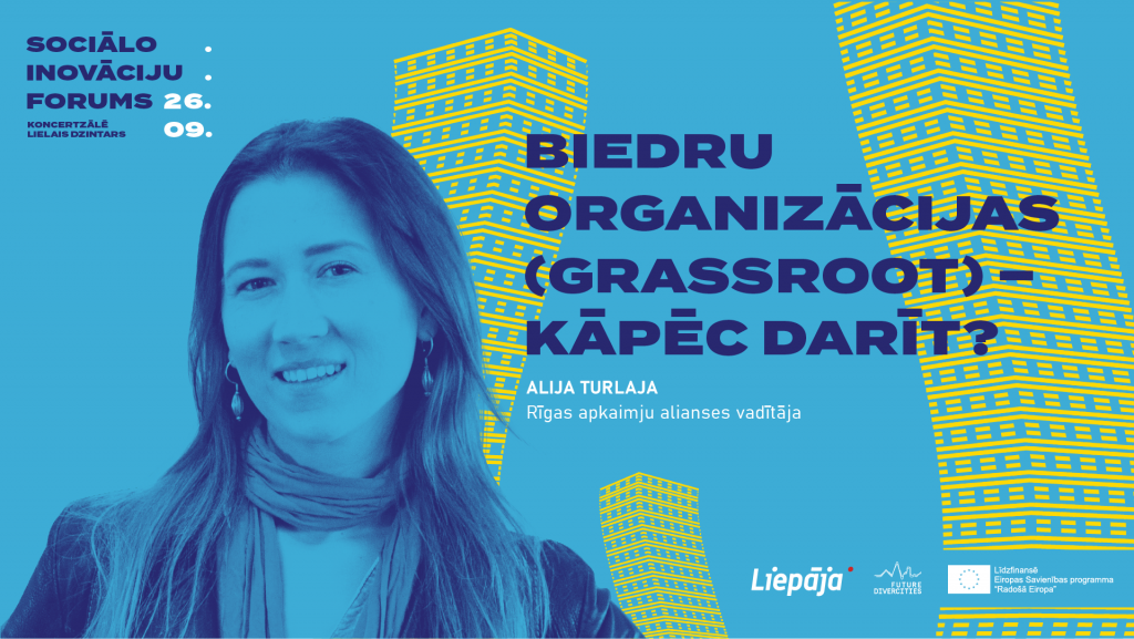 Makets zilā krāsā ar sievietes portretu.