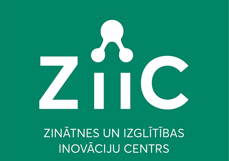 Balti burti uz zaļa fona, uzraksts Zinātnes un izglītības inovāciju centrs (ZIIC)